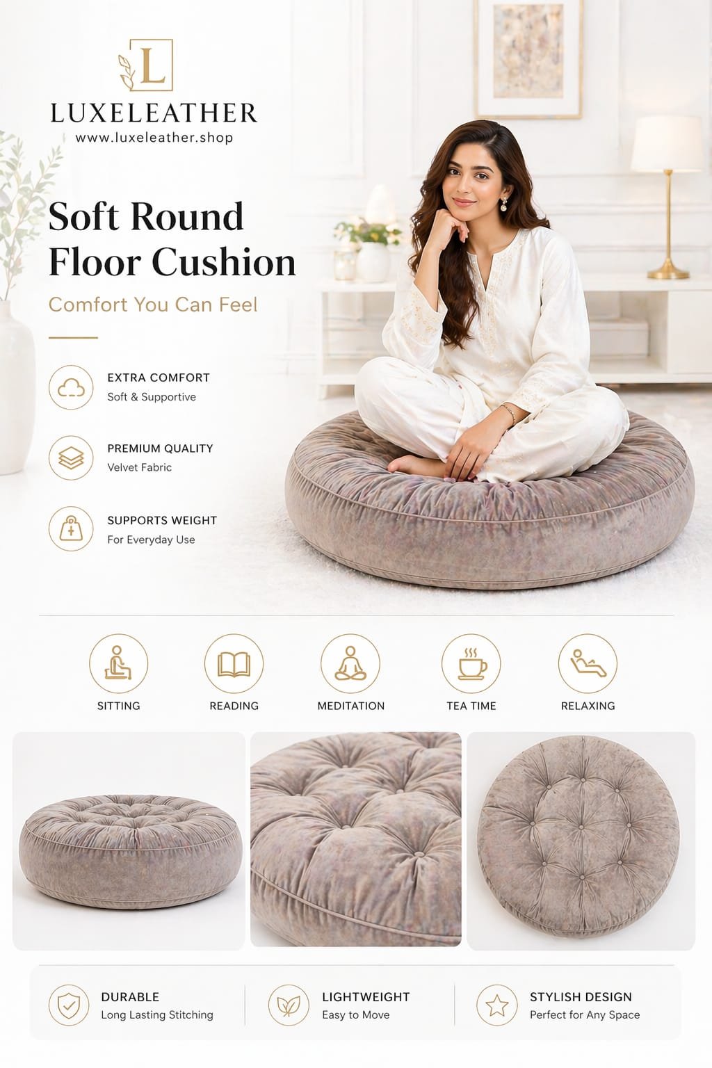 Luxe Leather Premium Soft Round Floor Cushion – Velvet Comfort Seating for Home & Meditation
